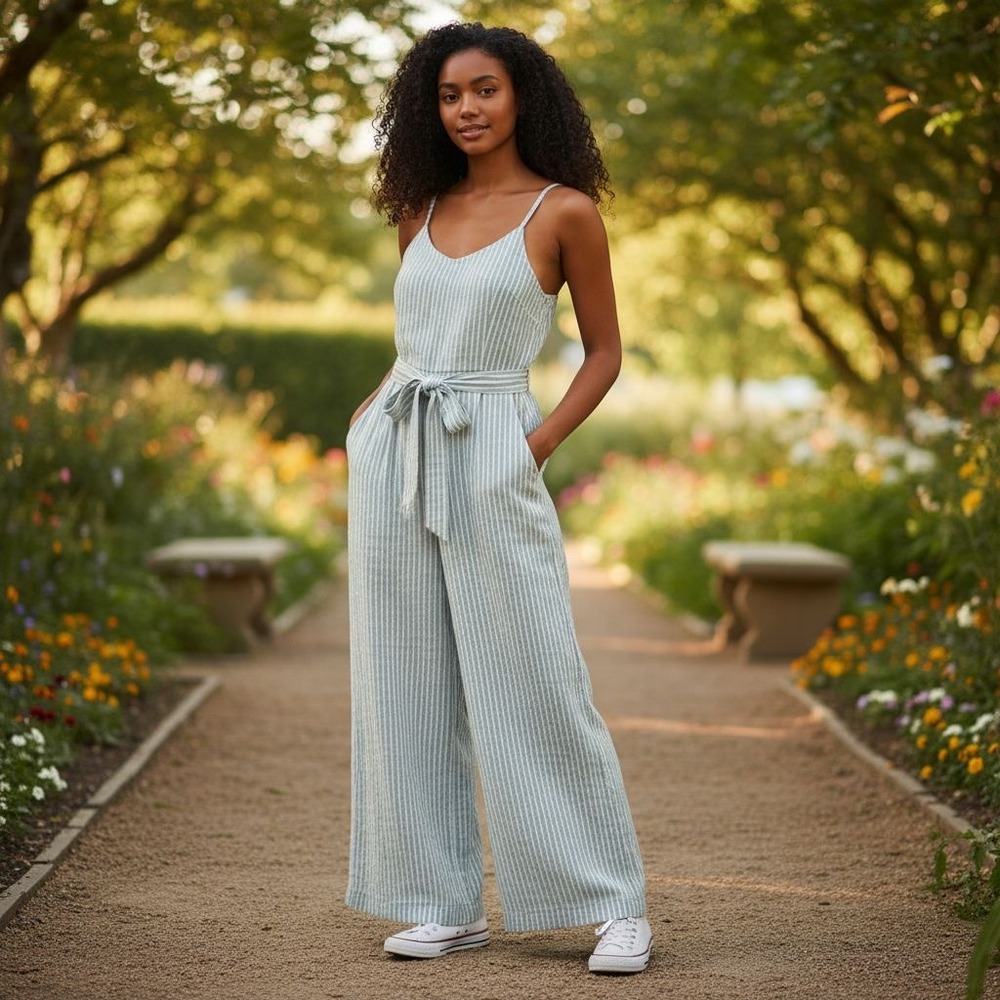 Sleeveless Striped Wide-Leg Jumpsuit with Tie Belt - Light Blue